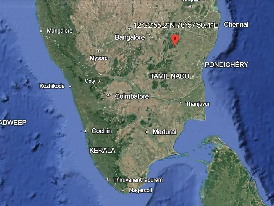 Map of the location of the village of Kanji, in southern India, in the state of Tamil Nadu