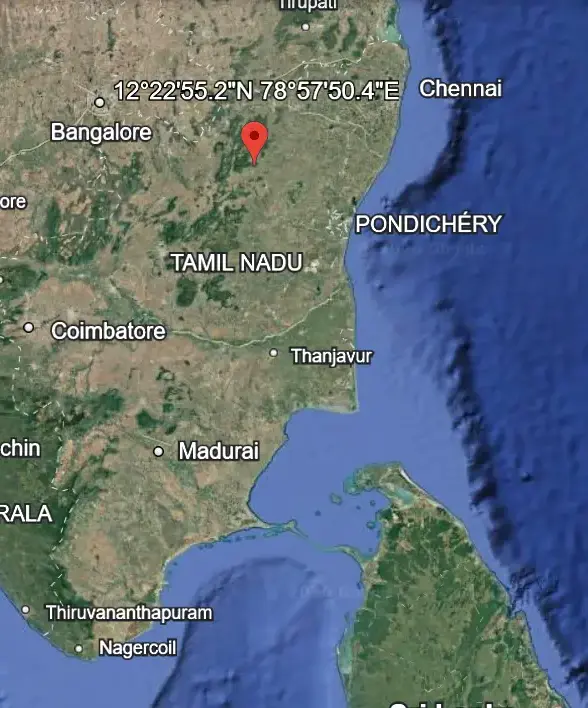Map of the location of the village of Kanji, in southern India, in the state of Tamil Nadu